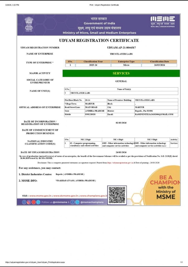 Official Udyam Registration Certificate - TRUSTLAYER LABS (UDYAM-AP-21-0044317)